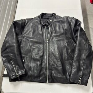Mens Black Leather Biker Jacket Cafe Racer Moto Mandarin Collar Zipper harley
